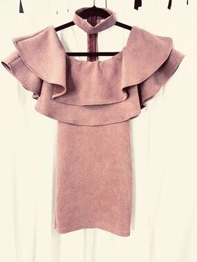 Bodycon Layered double-ruffle flounce collar faux-suede with choker dusty rose